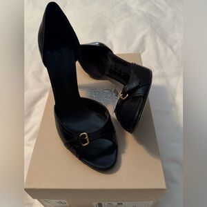Burberry Black Leather Open-Toe Heels with Gold Buckle